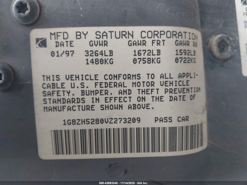 1997 Saturn Sl Sl1 VIN: 1G8ZH5280VZ273209 Lot: 43693348