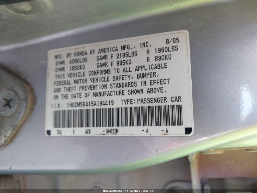 2005 Honda Accord Lx VIN: 01HGCM56415A19441 Lot: 43693356