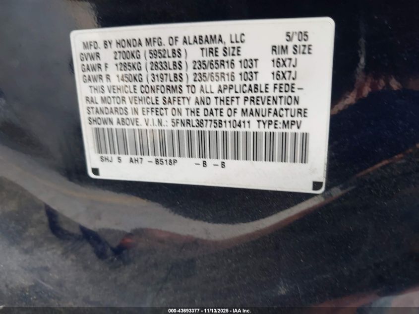 2005 Honda Odyssey Ex-L VIN: 5FNRL38775B110411 Lot: 43693377