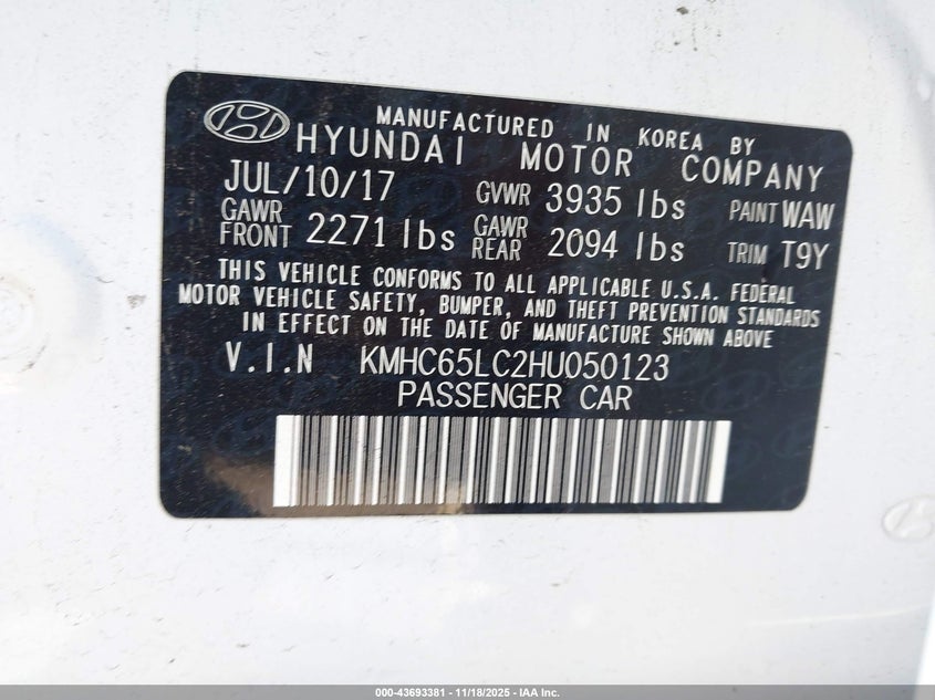 2017 Hyundai Ioniq Hybrid Blue VIN: KMHC65LC2HU050123 Lot: 43693381