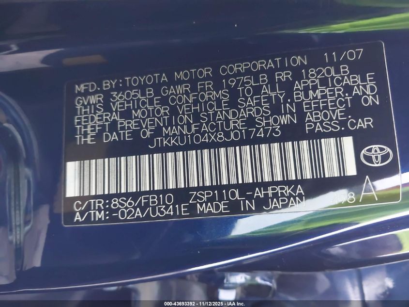 2008 Scion Xd VIN: JTKKU104X8J017473 Lot: 43693392