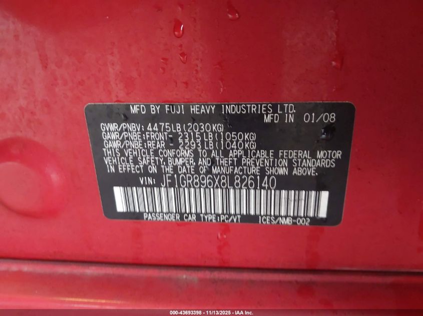 2008 Subaru Impreza Wrx Sti VIN: JF1GR896X8L826140 Lot: 43693398