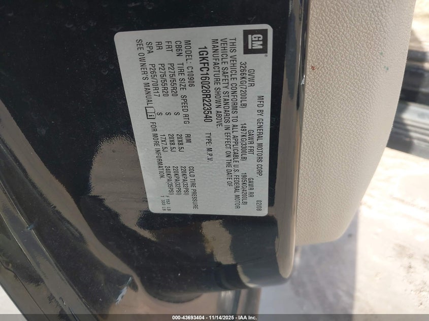 2008 GMC Yukon Xl 1500 Slt VIN: 1GKFC16028R223540 Lot: 43693404