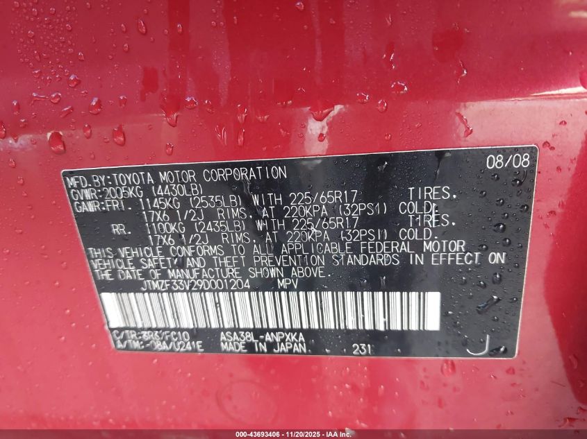 2009 Toyota Rav4 VIN: JTMZF33V29D001204 Lot: 43693406