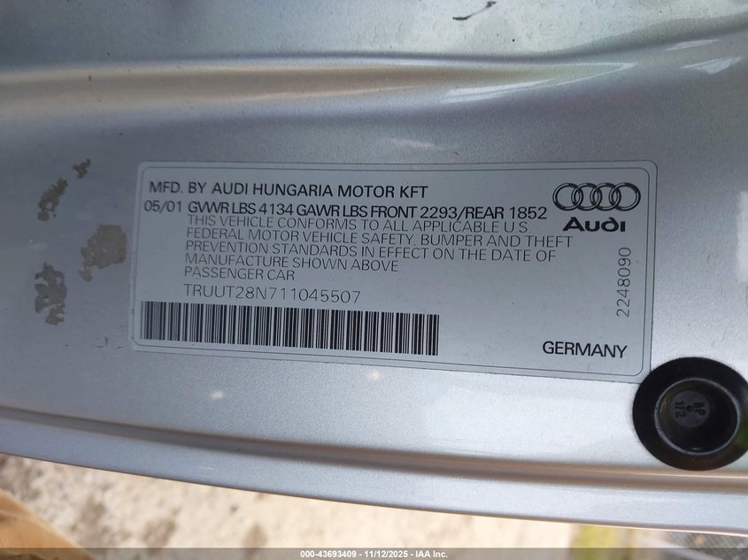 2001 Audi Tt VIN: TRUUT28N711045507 Lot: 43693409