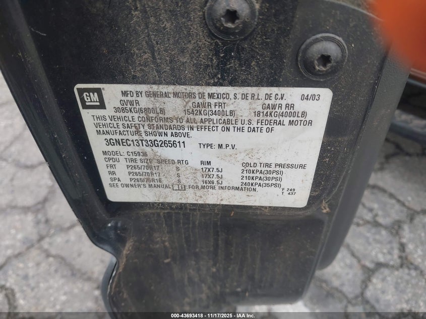 2003 Chevrolet Avalanche 1500 VIN: 3GNEC13T33G265611 Lot: 43693418