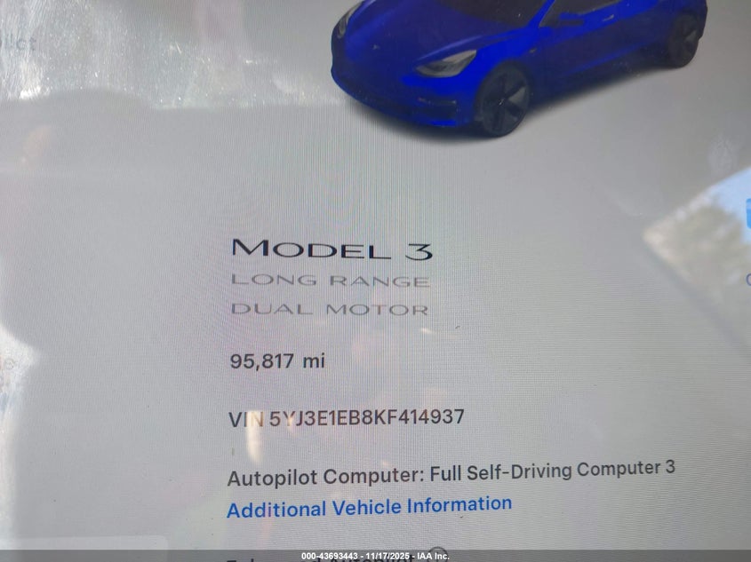 5YJ3E1EB8KF414937 2019 TESLA MODEL 3 photo no. 7