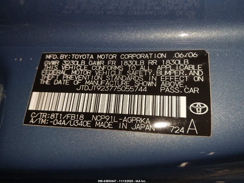 2007 Toyota Yaris VIN: JTDJT923775055744 Lot: 43693447