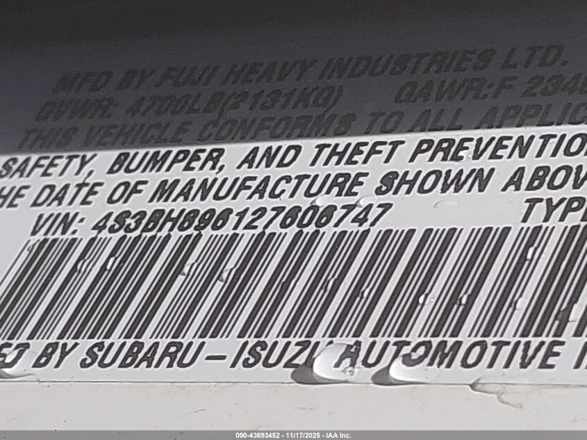 2002 Subaru Outback H6-3.0 Vdc VIN: 4S3BH896127606747 Lot: 43693452