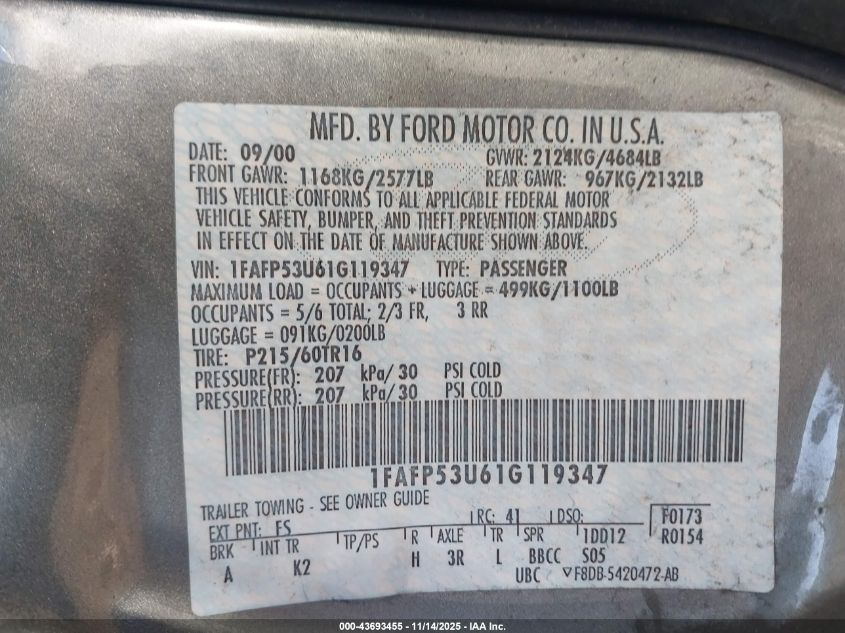 2001 Ford Taurus Se VIN: 1FAFP53U61G119347 Lot: 43693455