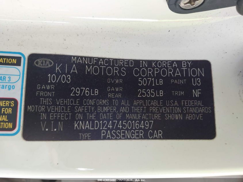 KNALD124745016497 2004 KIA AMANTI photo no. 9