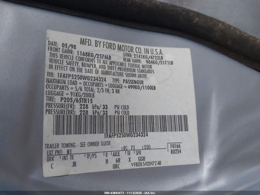 1998 Ford Taurus Lx/Se VIN: 1FAFP52S0WG234324 Lot: 43693473