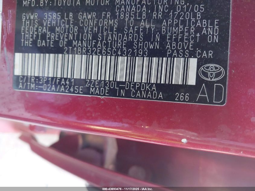 2005 Toyota Corolla Ce VIN: 2T1BR32E65C432193 Lot: 43693476