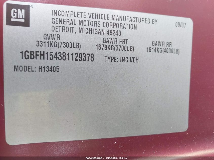 2008 Chevrolet Express Upfitter VIN: 1GBFH154381129378 Lot: 43693480