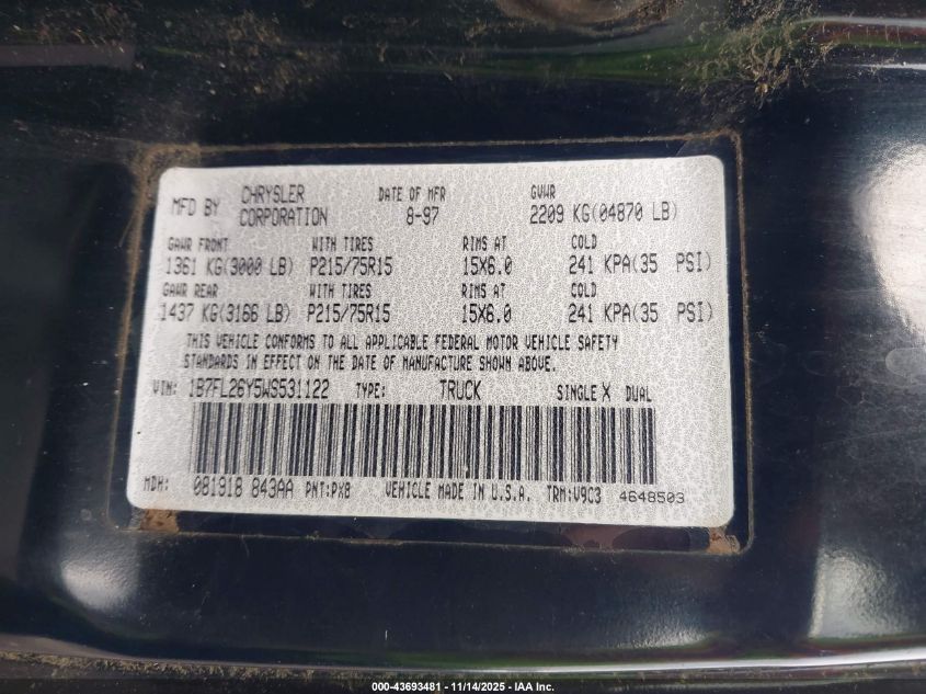 1998 Dodge Dakota Slt/Sport VIN: 1B7FL26Y5WS531122 Lot: 43693481