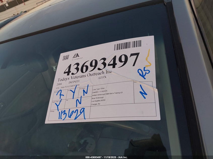 2004 Infiniti G35X VIN: JNKCV51F24M702199 Lot: 43693497