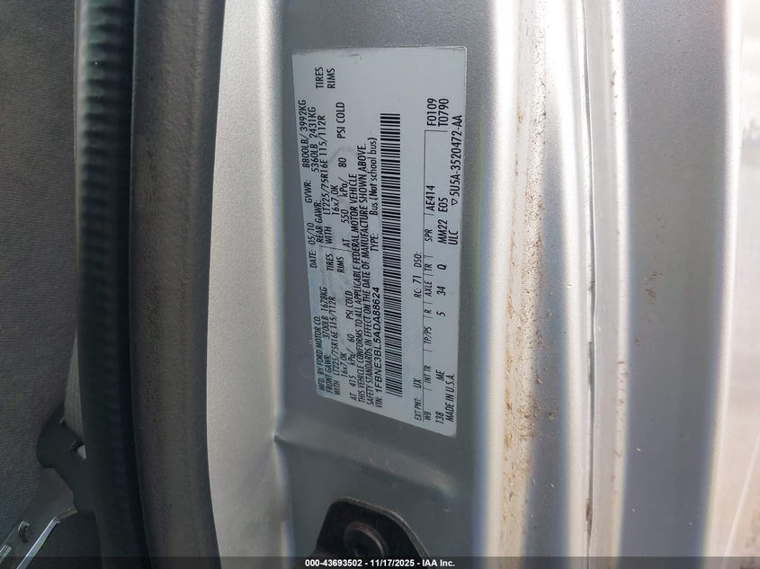 2010 Ford E-350 Super Duty Xl/Xlt VIN: 1FBNE3BL5ADA88624 Lot: 43693502