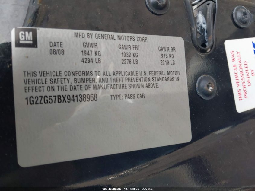 2009 Pontiac G6 VIN: 1G2ZG57BX94138968 Lot: 43693509