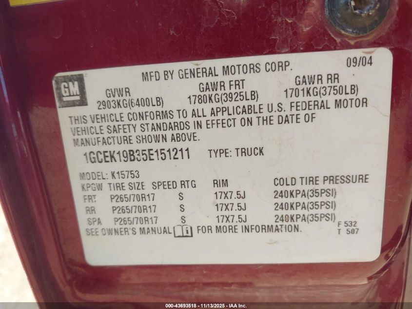 2005 Chevrolet Silverado 1500 Ls VIN: 1GCEK19B35E151211 Lot: 43693518