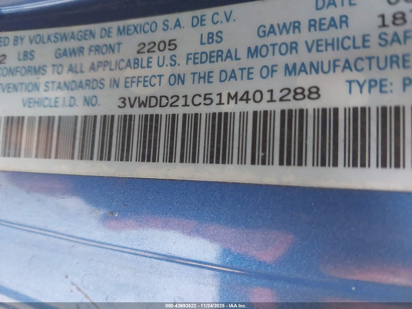 2001 Volkswagen New Beetle Glx VIN: 3VWDD21C51M401288 Lot: 43693522