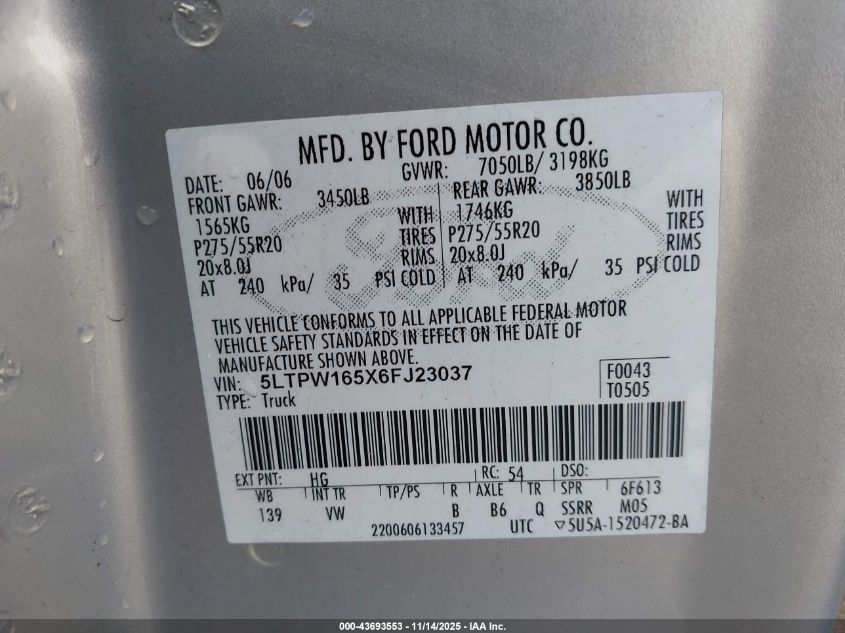 2006 Lincoln Mark Lt VIN: 5LTPW165X6FJ23037 Lot: 43693553