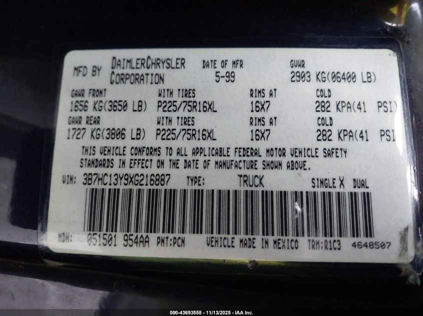 1999 Dodge Ram 1500 St VIN: 3B7HC13Y9XG216887 Lot: 43693558