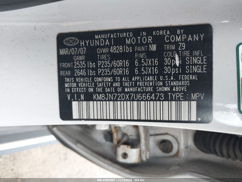 2007 Hyundai Tucson Limited/Se VIN: KM8JN72DX7U666473 Lot: 43693567