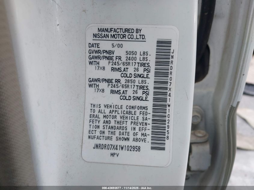 2001 Infiniti Qx4 Luxury VIN: JNRDR07X41W102958 Lot: 43693577