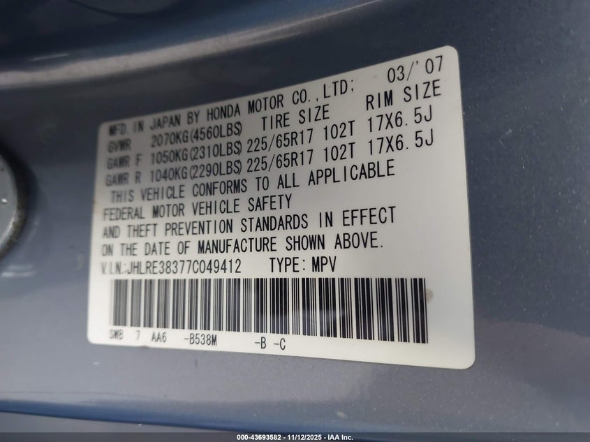 JHLRE38377C049412 2007 HONDA CR-V photo no. 9