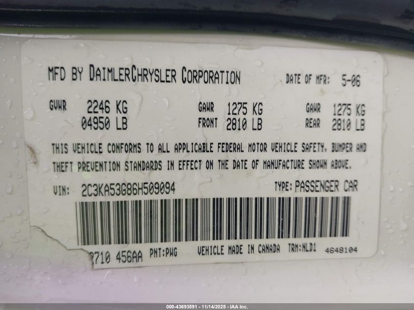 2006 Chrysler 300 Touring VIN: 2C3KA53G86H509094 Lot: 43693591