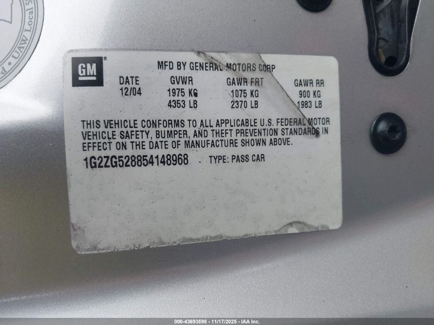 2005 Pontiac G6 VIN: 1G2ZG528854148968 Lot: 43693598