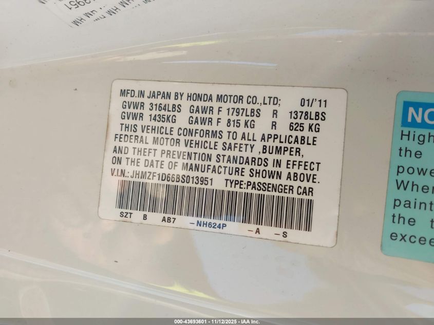 2011 Honda Cr-Z Ex VIN: JHMZF1D66BS013951 Lot: 43693601