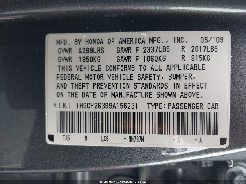 1HGCP26399A156231 2009 HONDA ACCORD photo no. 9