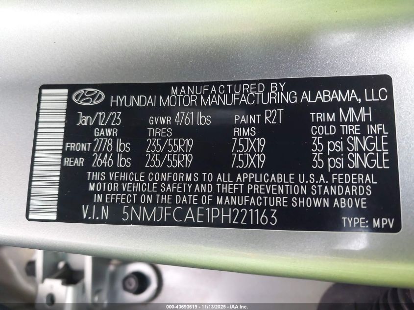 2023 Hyundai Tucson Sel VIN: 5NMJFCAE1PH221163 Lot: 43693619