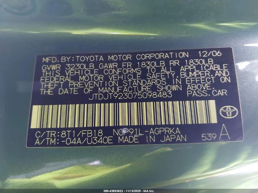 2007 Toyota Yaris VIN: JTDJT923075098483 Lot: 43693622