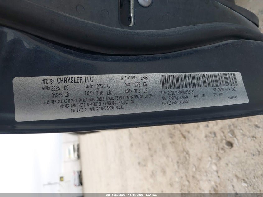 2008 Dodge Charger VIN: 2B3KA43RX8H238731 Lot: 43693629