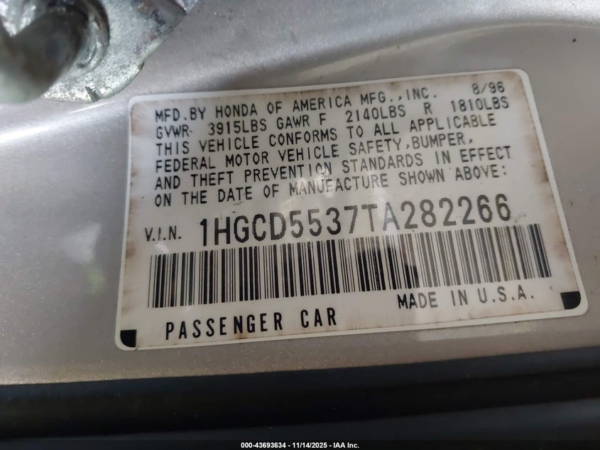 1996 Honda Accord Lx/Ex VIN: 1HGCD5537TA282266 Lot: 43693634