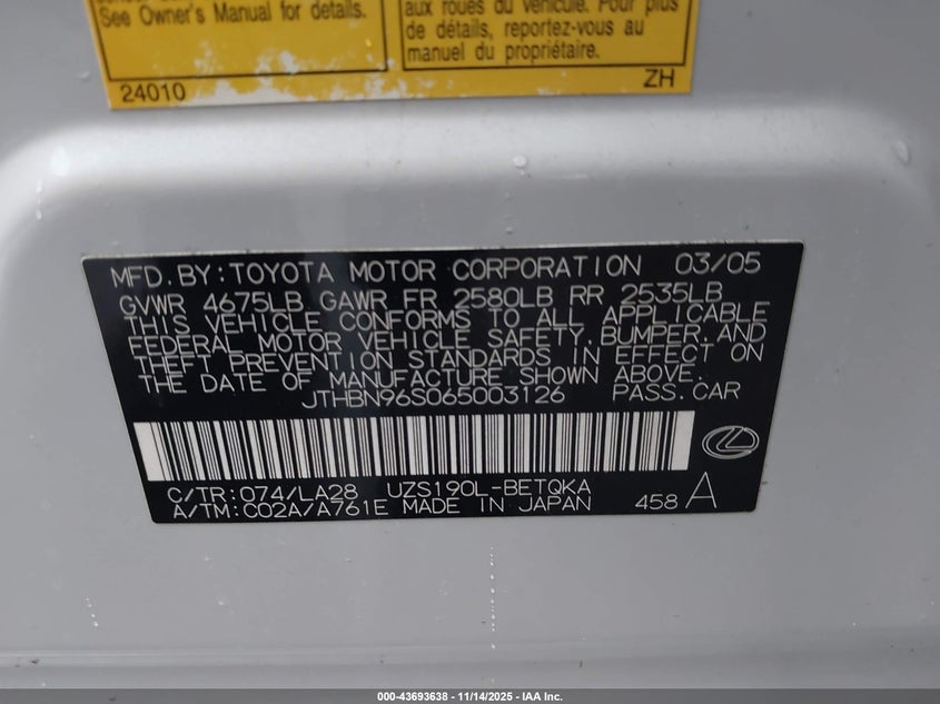 2006 Lexus Gs 430 VIN: JTHBN96S065003126 Lot: 43693638