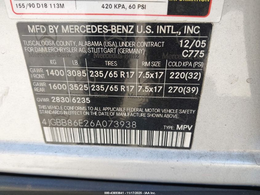 2006 Mercedes-Benz Ml 350 4Matic VIN: 4JGBB86E26A073938 Lot: 43693641