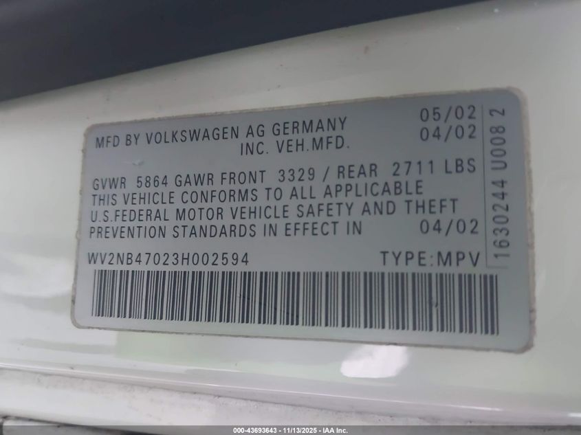 2003 Volkswagen Eurovan Mv VIN: WV2NB47023H002594 Lot: 43693643