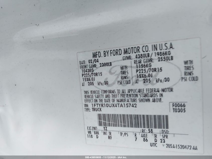 2004 Ford Ranger Edge/Xl/Xlt VIN: 1FTYR10UX4TA15742 Lot: 43693655