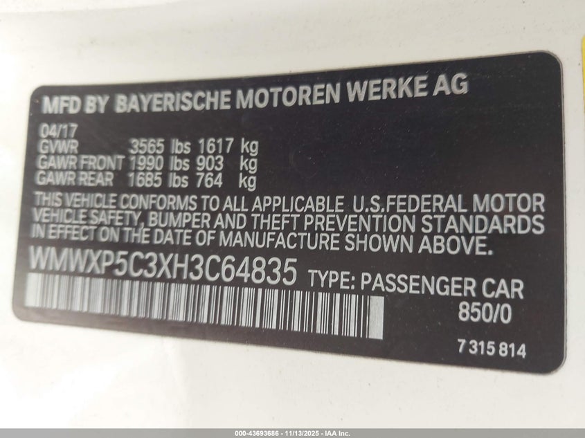 2017 Mini Hardtop Cooper VIN: WMWXP5C3XH3C64835 Lot: 43693686