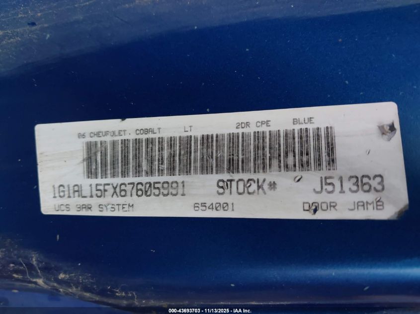 2006 Chevrolet Cobalt Lt VIN: 1G1AL15FX67605991 Lot: 43693703