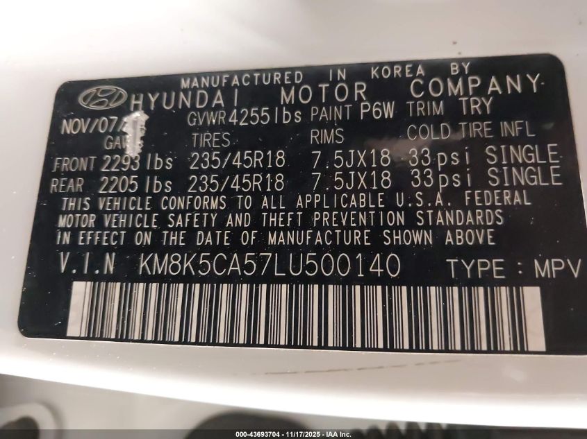 2020 Hyundai Kona Ultimate VIN: KM8K5CA57LU500140 Lot: 43693704