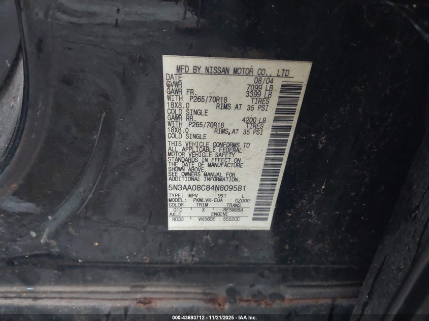 2004 Infiniti Qx56 VIN: 5N3AA08C84N809581 Lot: 43693712