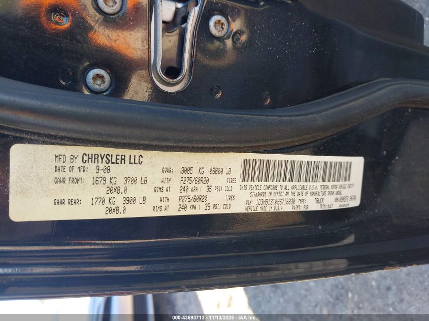 2009 Dodge Ram 1500 Slt/Sport/Trx VIN: 1D3HB13T09S718830 Lot: 43693713