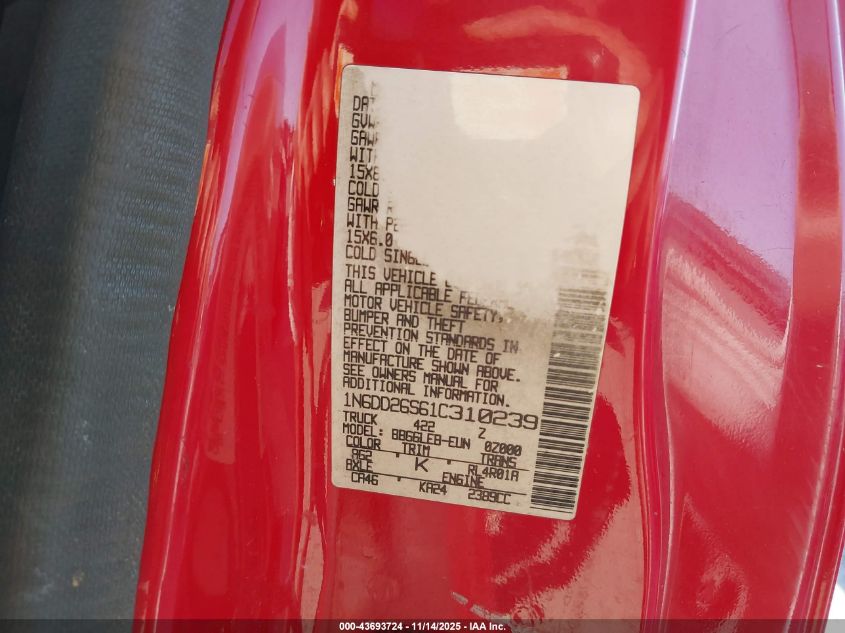 2001 Nissan Frontier Xe VIN: 1N6DD26S61C310239 Lot: 43693724