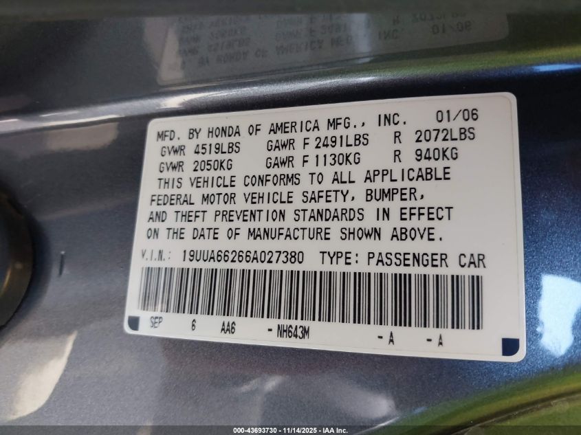 2006 Acura Tl VIN: 19UUA66266A027380 Lot: 43693730
