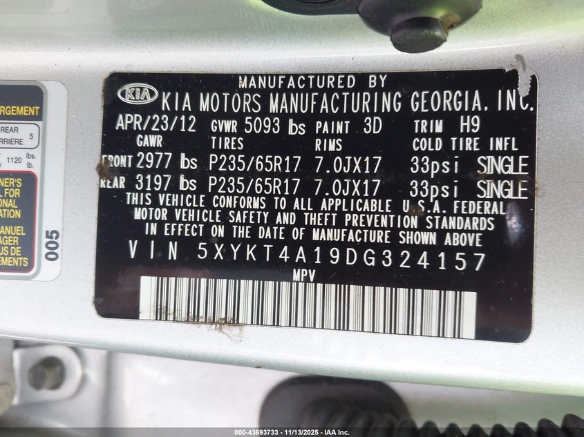 2013 Kia Sorento Lx VIN: 5XYKT4A19DG324157 Lot: 43693733