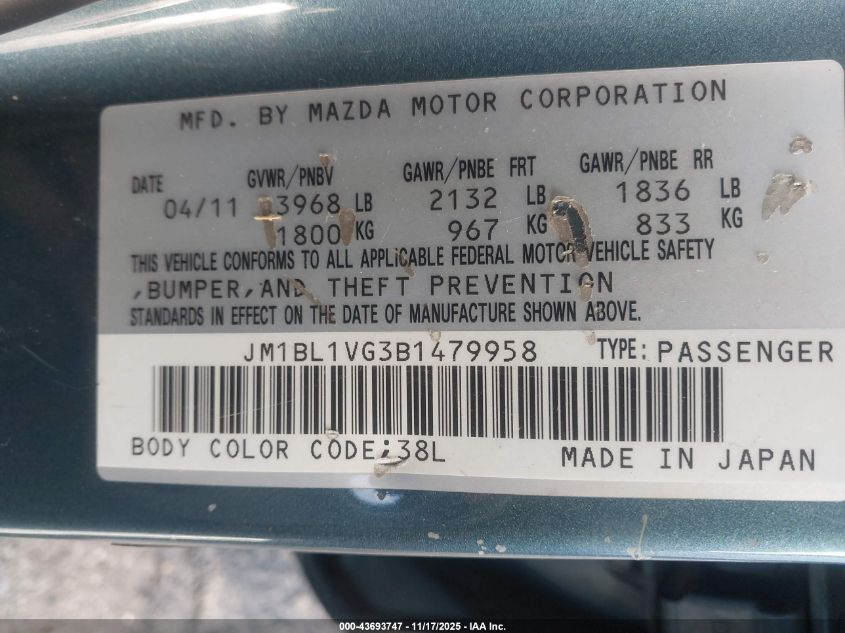 2011 Mazda Mazda3 I Touring VIN: JM1BL1VG3B1479958 Lot: 43693747